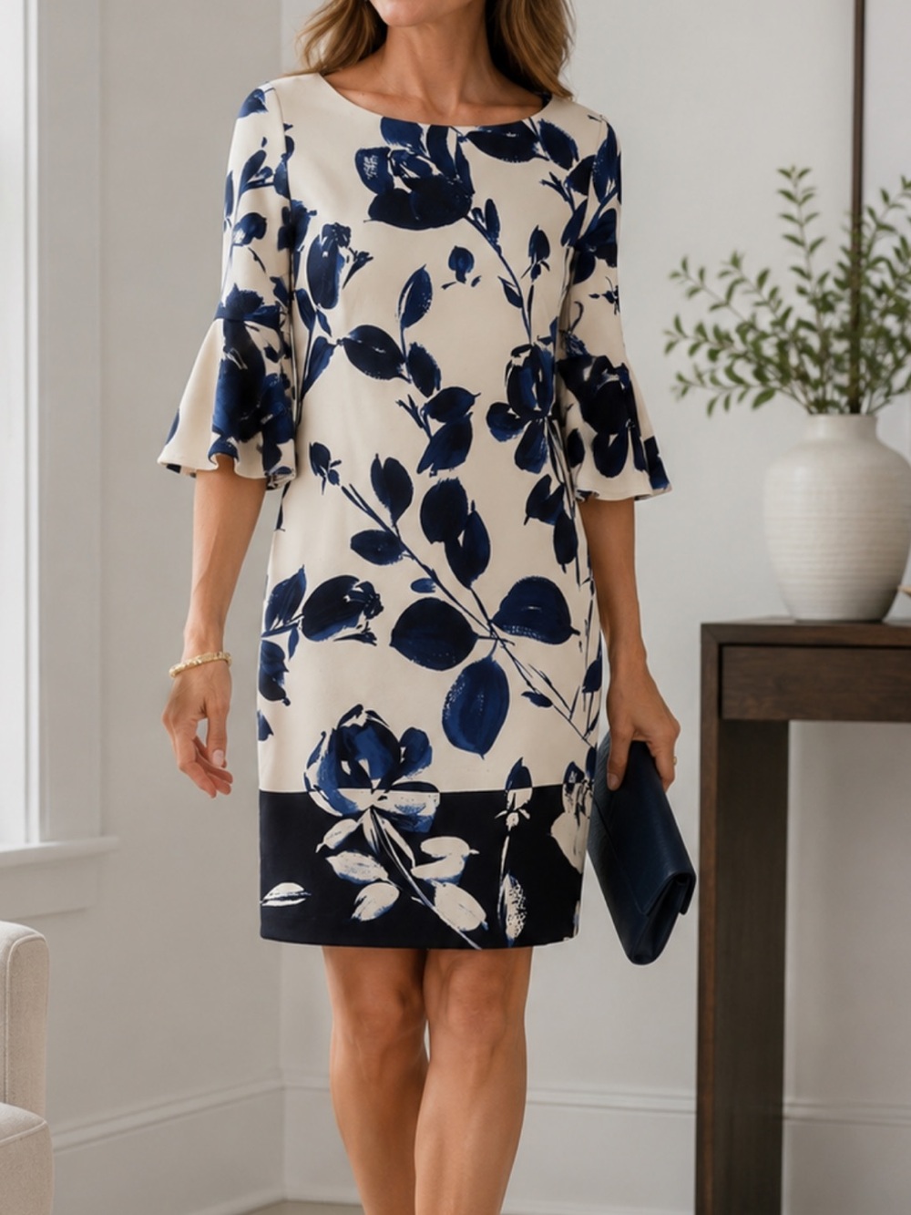 Vince Camuto Navy and Cream Floral Midi Dress